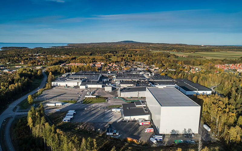 Flygfoto över Dafgårds fabrik i Källby